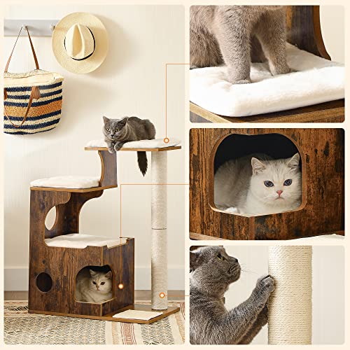 86 cm Cat Tree, Medium Cat Tower with 3 Beds and Cave, Cat Condo Made of MDF with Wood Veneer, Sisal Post and Washable Faux Fur, Vintage, Rustic Brown and White