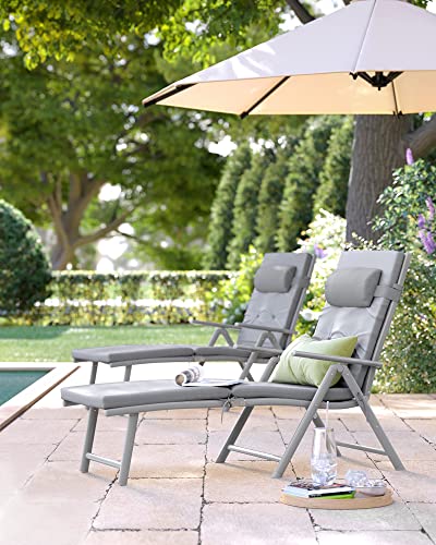 Foldable Sun Lounger, Sunbed with 6 cm Mattress, Removable Headrest, Rustproof Aluminium, Breathable, Comfortable, Reclinable, Max. Load Capacity 150 kg, Grey