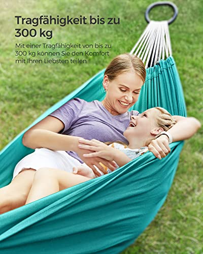 Hammock, 210 x 150 cm, Double Hammock, 300 kg Load Capacity, for Terrace, Balcony, Garden, Outdoor, Camping, with Carry Bag, Fastening Straps and Carabiners, Turquoise