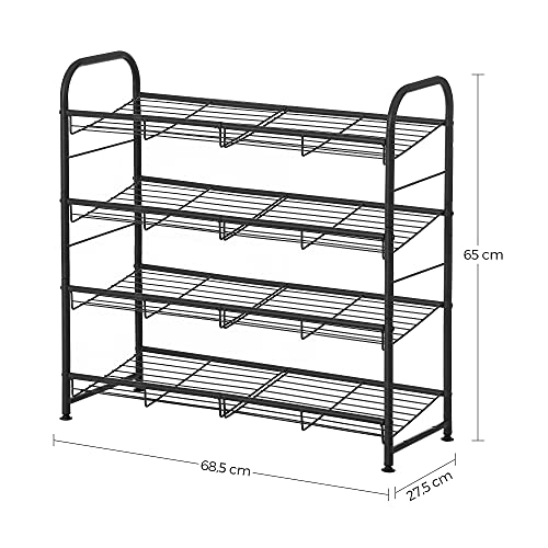 4-Tier Shoe Rack, Stackable Shoe Storage Organiser, Hold up to 16 Pairs, Steel, 68.5 x 27.5 x 65 cm, for High Heels, Trainers, Slippers, in the Entryway, Black