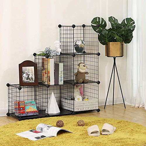 6-Cube Metal Wire Storage Rack, Interlocking Shelving Unit with Metal Wire Shelves, PP Plastic Sheets for Book Shoes Toys Clothes Tools, in Living Room, 93 x 31 x 93 cm, Black