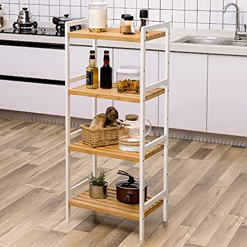 Bamboo Shelf, Kitchen Shelving, Bathroom Shelf, Bookcase, 4 Shelves 45 x 31.5 x 110 cm Ideal for Bathroom, Kitchen, Living Room, Bedroom, Balcony, Natural White