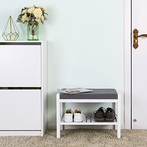 Bamboo Bench Shoe Rack with Padded Seat, Storage Shelf for Entrance, Living Room, Foyer, Small Areas, White