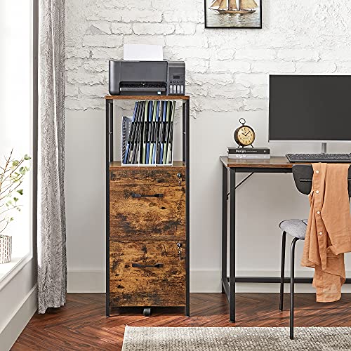 Filing Cabinet for Home Office, File Cabinet with 2 Drawers, Open Shelf, Steel Frame, for A4 and Letter Sized Files, Printer Stand, Industrial, Rustic Brown and Black