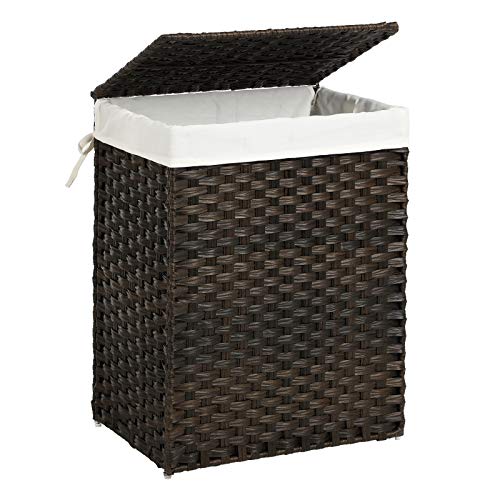 Handwoven Laundry Hamper, 23.8 Gal (90L) Synthetic Rattan Clothes Laundry Basket with Lid and Handles, Foldable, Removable Liner Bag, Brown U