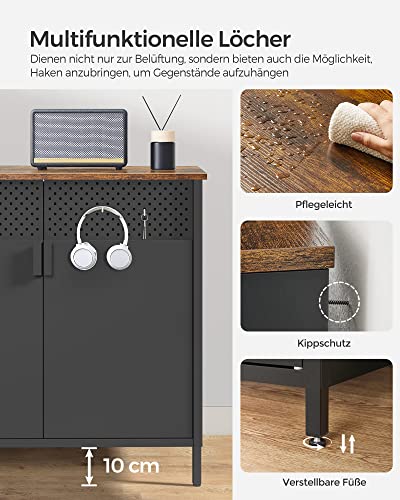 Storage Cabinet, Double-Door Floor Cabinet with Magnetic Closure, Adjustable Shelf, Steel Frame, Industrial Style, Space-Saving, Rustic Brown and Black