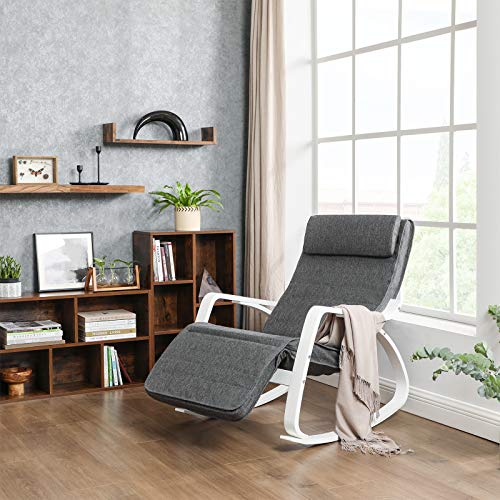 Rocking Chair Made of Birch Wood, Relaxing Chair, Footrest Adjustable to 5 Levels, Imitation Linen Cover, Maximum Load 150 kg, Living Room and Bedroom, Dark Grey