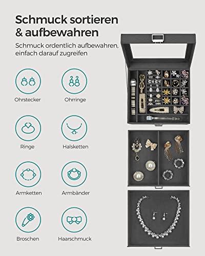 Jewellery Box, 3-Tier Velvet Jewellery Display Case and Organiser with Clear Glass Lid, Varying Compartments for Necklaces, Bracelets, Rings, Lock and Key, Grey