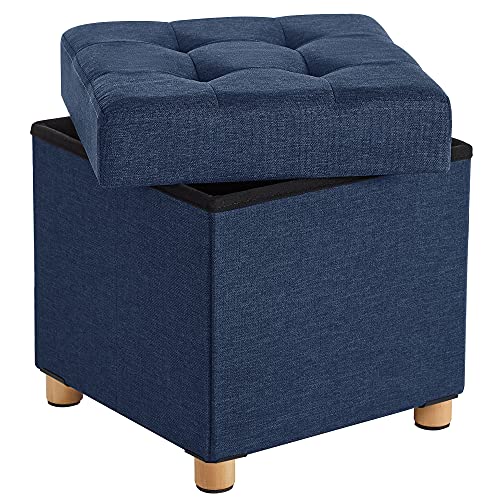 Storage Ottoman, Padded Folding Bench, Chest with Lid, Solid Wood Feet, Space-Saving, Holds up to 300 kg, Navy Blue