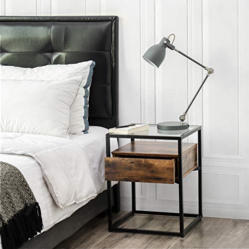 Side Table, Tempered Glass End Table with Drawer and Shelf, Bedside Table, Industrial in Living Room Lounge Foyer, Stable Steel Frame, Rustic Brown and Black