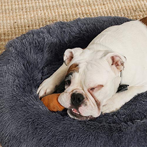 Dog Bed, Donut Cat Bed, Fluffy Calming Pet Bed with Removable, Washable Cover, Soft Long Plush, 80 cm, Dark Grey