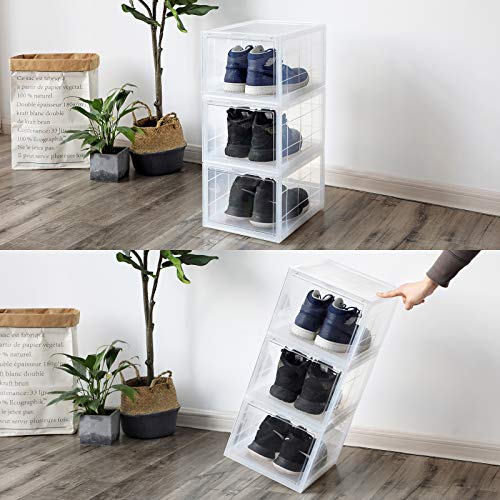 Shoe Box, Stackable Shoe Organiser, Plastic Shoe Storage with Clear Door, Easy to Assemble, Set of 6, 28 x 36 x 22 cm, Sizes up to UK 11, Transparent