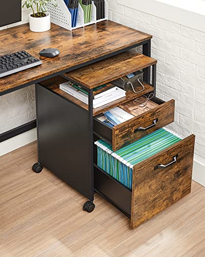 File Cabinet with 2 Drawers, Rolling Office Filing Cabinet with Wheels, Open Compartment, Steel Frame, Industrial Style, Rustic Brown and Black