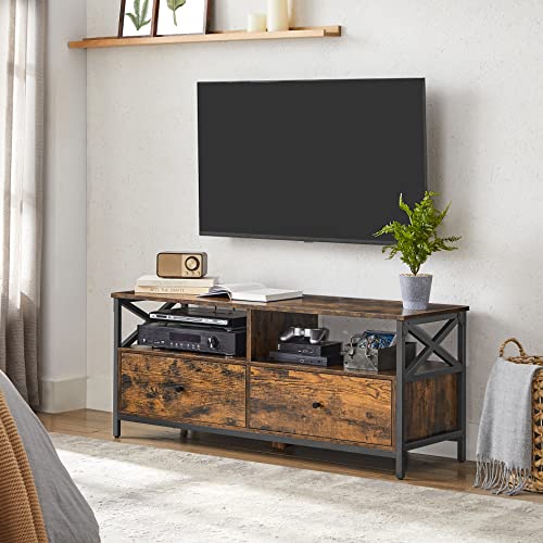 TV Cabinet, TV Unit for 55-Inch TV, Living Room, with 2 Drawers, 2 Storage Shelves, 120 x 40 x 50 cm, Steel Frame, Industrial Style, Rustic Brown and Black