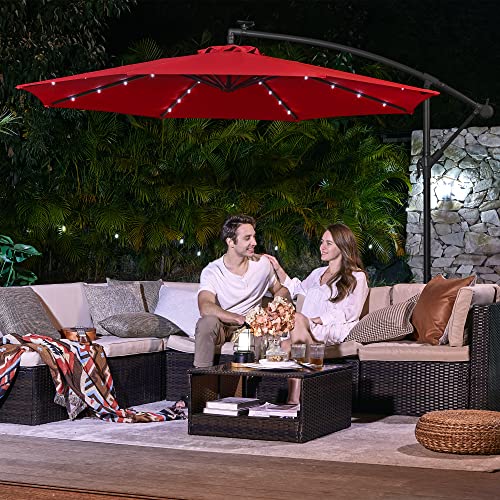 Cantilever Garden Patio Parasol with Solar-Powered LED Lights, 3 m Offset Parasol with Base, UPF 50+ Banana Hanging Umbrella, Crank for Opening Closing, Red