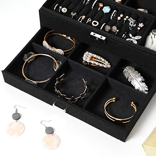 Jewellery Box, Jewellery Case, 2 Levels with a Drawer and Key, for Rings Watches Necklaces Earrings, Black