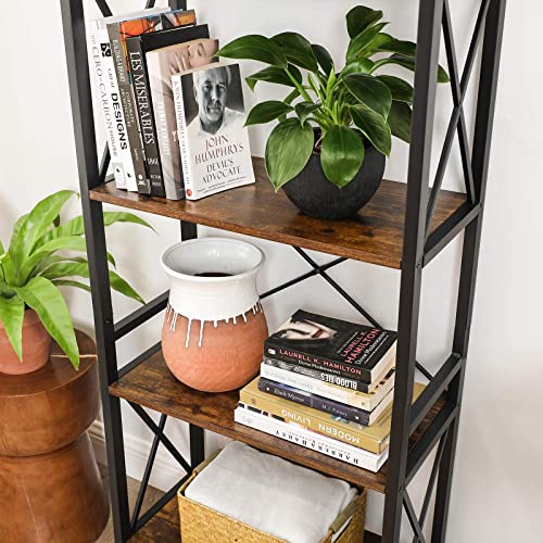 Bookshelf, Kitchen Shelf, Free Standing Shelf, Ladder Rack with 4 Open Shelves, for Corridor, Kitchen, Office, Stable Steel Frame, Industrial Style, Rustic Brown and Black