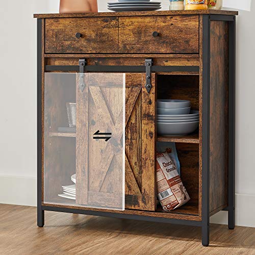 Storage Cabinet, Sideboard and TV Cabinet, Freestanding Floor Cabinet with 1 Drawer and Sliding Barn Door, Industrial, Rustic Brown and Black