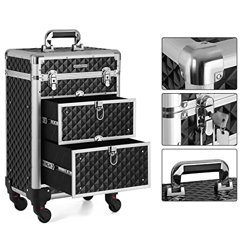 Lockable Makeup Case, Rolling Cosmetics Beauty Trolley Box, for Professional Makeup Artist, Beauty Studio, Nail Technician, ABS, Aluminum, 34 x 27 x 57 cm, Black