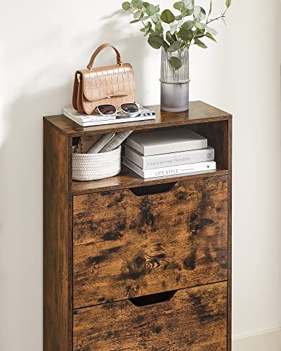 Shoe Cabinet with 2 Flaps, Shoe Rack with an Open Shelf, Melamine Veneer, Easy to Clean, 60 x 24 x 102 cm, Rustic Brown