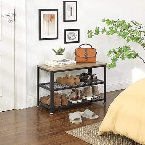 Shoe Bench, Shoe Rack with 2 Shelves, Shoe Organiser, 73 x 30 x 45 cm, Entryway Living Room Hallway, Steel Structure, Industrial Style, Greige and Black