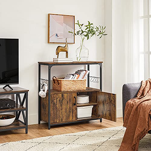 Sideboard, Kitchen Island, Baker’s Rack with Wheels, Food Trolley with Doors, 8 Hooks, Storage Shelves, 80 x 35 x 80 cm, Industrial Kitchen Cupboard, Rustic Brown and Black