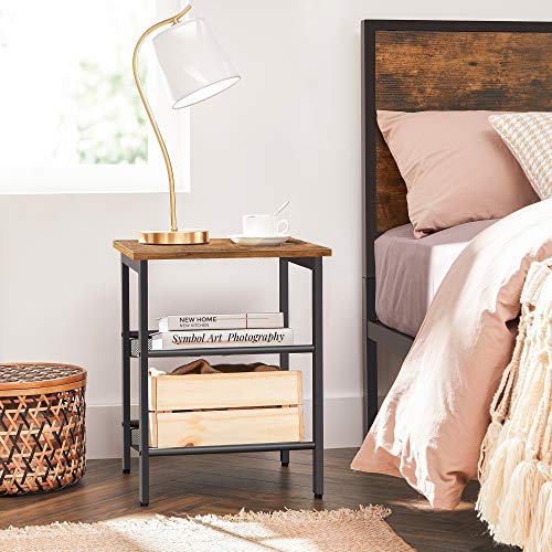 Side Table Set, Nightstand, Industrial Set of 2 Bedside Tables, with Adjustable Mesh Shelves, Living Room, Bedroom, Hallway, Office, Stable, Rustic Brown and Black