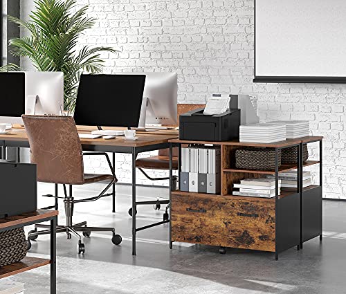 Mobile File Cabinet for Home Office, Filing Cabinet with Drawers and Open Shelves, for A4 and Letter Size Documents, Printer Stand with Castors, Industrial, Rustic Brown and Black