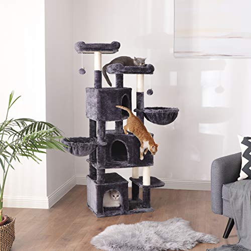 Large Cat Tree with 3 Cat Caves, 164 cm Cat Tower, Smoky Grey