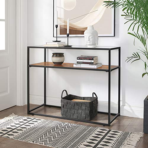 Console Table, Entrance Console, Tempered Glass Top, Robust Steel Frame, Easy Assembly, for Living Room Hallway, Industrial Style, Rustic Brown and Black