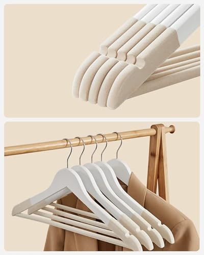 Set of 20 Solid Wood Hangers with Velvet Cover, Non-Slip Notches in the Shoulder Area, with Bar for Trousers, 360° Rotating Hook, for Jackets, White