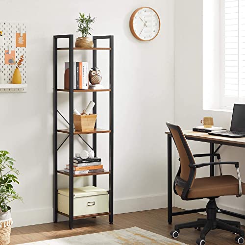 Bookcase, Bookshelf 5 Tier, Standing Display Storage Rack with Steel Frame, for Living Room, Office, Study, Hallway, Industrial Style, Rustic Brown and Black