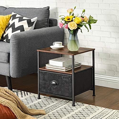 Nightstand, Bedside Table with Storage, Fabric Drawer Dresser, End Table with 2 Shelves, Industrial Style, for Living Room, Bedroom, Rustic Brown and Black