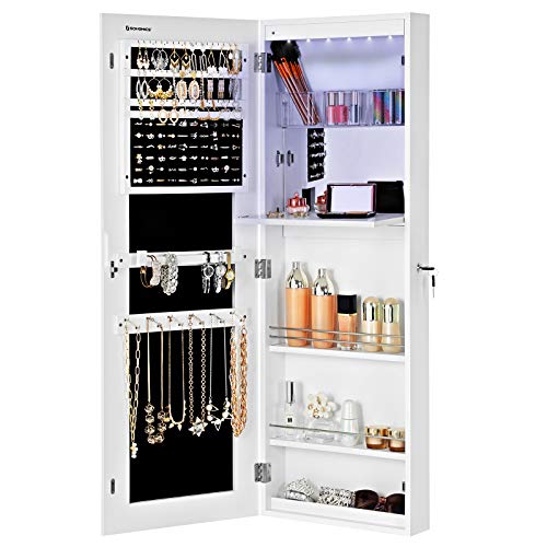 Jewellery Cabinet, Frameless Extra Wide Mirrored Storage Stand, Jewellery organiser with Hooks and Built-in Mirror, Makeup, Lockable