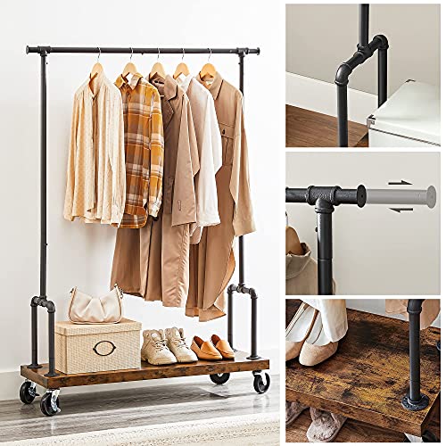 Clothes Rail, Heavy-Duty Clothes Rack with Extendable Hanging Rail, Shelf and Wheels, Industrial Pipe Design, Rustic Brown and Black