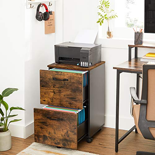 File Cabinet with 2 Drawers, Rolling Office Filing Cabinet with Wheels, for A4, Letter Sized Documents, Hanging File Folders, Industrial Style, Rustic Brown and Black