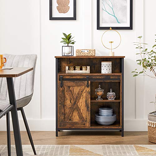 Storage Cabinet, Cupboard with Sliding Barn Door, Open Compartment, Adjustable Shelf, Industrial, for Hallway, Living Room, Kitchen, Study, Rustic Brown and Black