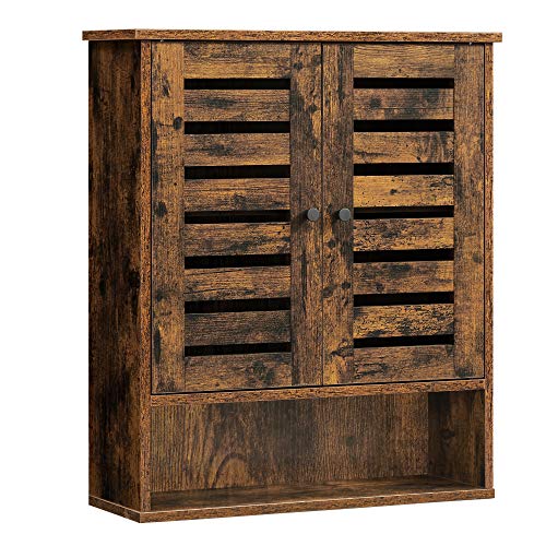 Wall Cabinet, Hanging Bathroom Storage Cabinet, Medicine Cupboard with Adjustable Shelf, Double Shutter Doors and Open Shelf, 60 x 20 x 70 cm, Rustic Brown