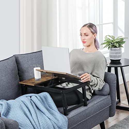 Laptop Desk for Bed or Sofa with Adjustable Tilting Top, Breakfast Serving Tray with Height Adjustable Folding Legs, Fits Screen Size up to 15.6 Inches, Floor Desk, Rustic Brown