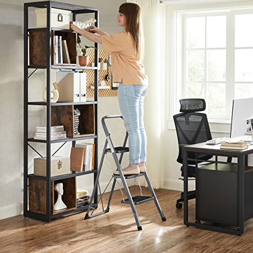 3-Step Ladder, Folding Ladder, 20 cm Wide Steps Covered with Non-Slip Rubber, Rubber Feet, Handrail, Max. Static Load 150 kg, Steel, Grey and Black