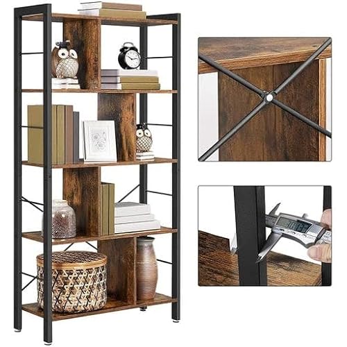 Bookshelf, Living Room Bookcase, Large 4-Tier Storage Shelf, for Office Study, Industrial Style, Easy Assembly, Steel Frame, Rustic Brown and Black