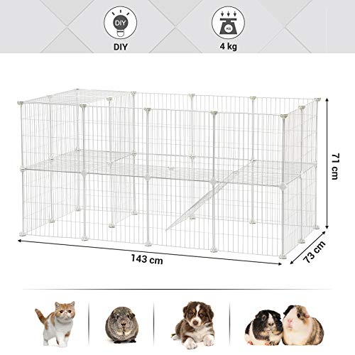 2-Floor Metal Pet Playpen, 36 Grid Panels, Customisable Cage Enclosure for Small Animals, Guinea Pigs Hamster Runs, Rabbit Hutches, Includes Mallet, Indoor Use, 143 x 73 x 71 cm, White