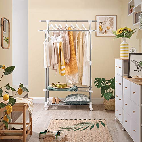 Clothes Rails, Double Hanging Rails with 2-Tier Shelves, Telescopic Extendable Coat Rack with Casters, Stainless Steel Coated Iron Pipes, 154 x 42 x 172 cm by