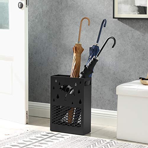 Umbrella Stand Metal Rectangular Umbrella Stand with Removable Water Drip Tray, 4 Hooks, Cutout Design, for Hallway and Office, Black