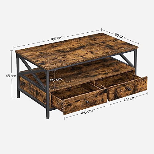 Coffee Table, Living Room Table, with 2 Drawers and Open Storage Shelf, X Shaped Steel Frame, 100 x 55 x 45 cm, Industrial Style, Rustic Brown and Black