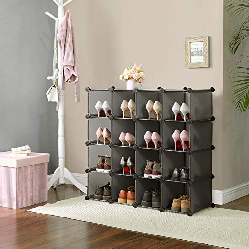 Interlocking Shoe Rack, Rectangular Storage Organiser, 15-Slot Modular DIY Storage Shelf Unit, Metal Wire Wardrobe, Grey