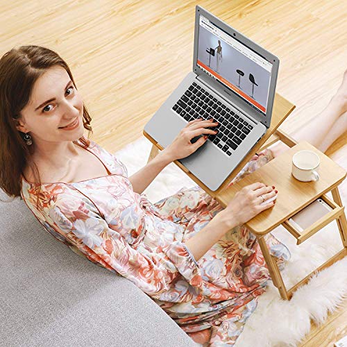 Bamboo Laptop Desk, Foldable Bed Table, Height Adjustable Sofa Tray, with 5 Tilting Angles, Air Holes, Small Drawer, 55 x 35 x (21 - 29) cm