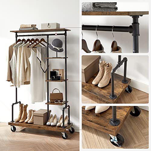 Clothes Rack, Clothing Rack on Wheels, 5-Tier Garment Rack with Metal Pipes, for Bedroom, Store, Laundry Room, Living Room, Rustic Brown and Black