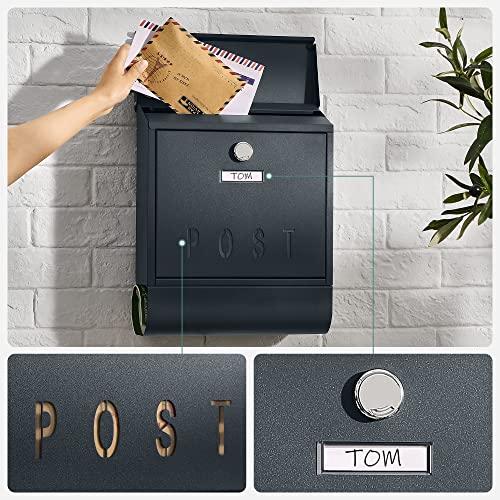 Mailbox, Wall-Mounted Letter Box, Hanging Postbox for Outside, Capped Lock with Copper Core, POST Viewing Window, Newspaper Holder, Nameplate, Easy to Install, Anthracite Grey