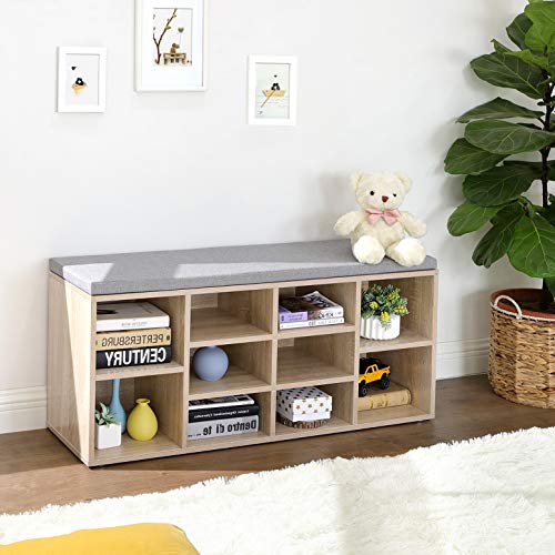 Shoe Bench, Shoe Shelf, Storage Cabinet, 10 Compartments, with Cushion, for Entryway, 104 x 30 x 48 cm, Oak Colour